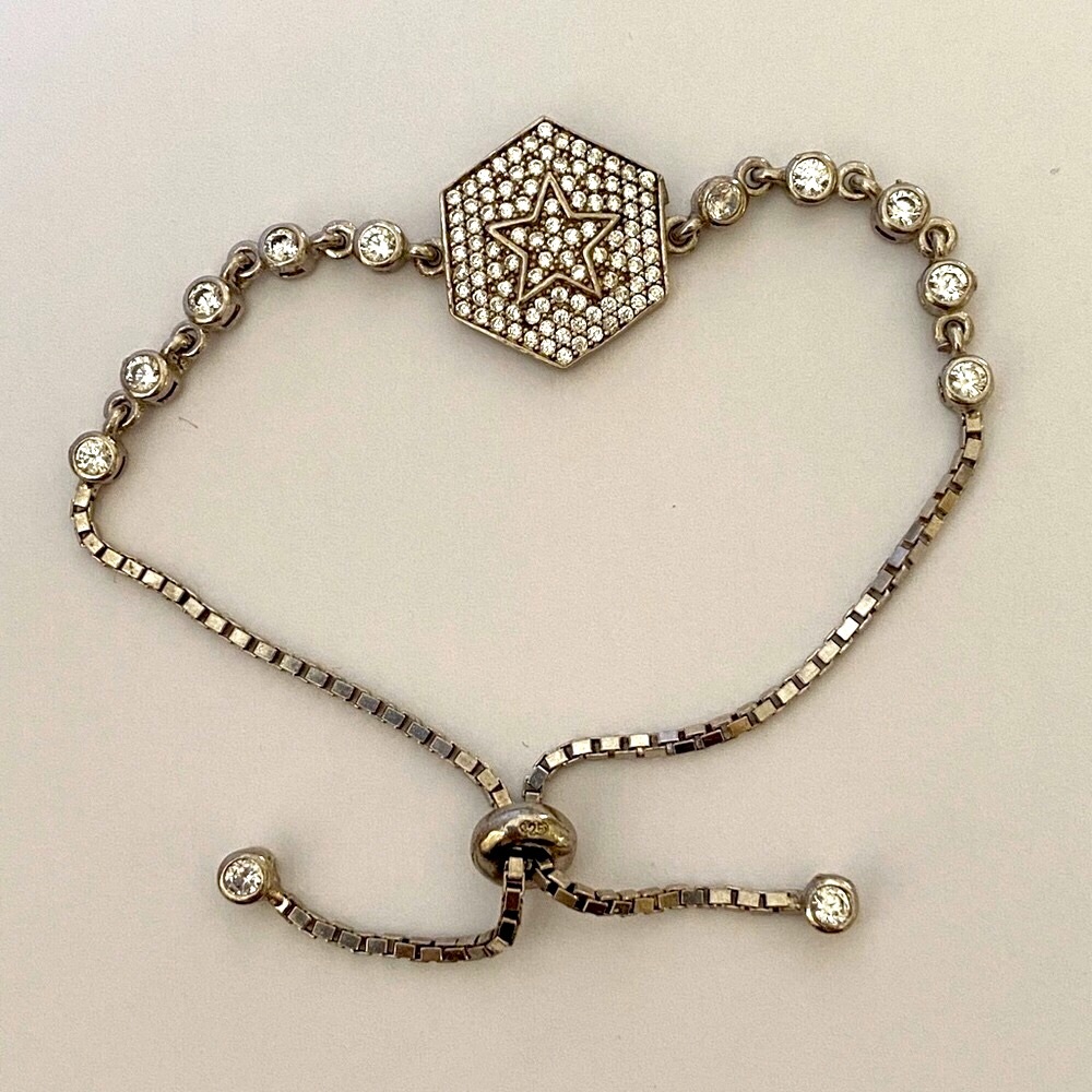 Star bracelet 925 silver clear cz stones slider hexagon star tennis slider